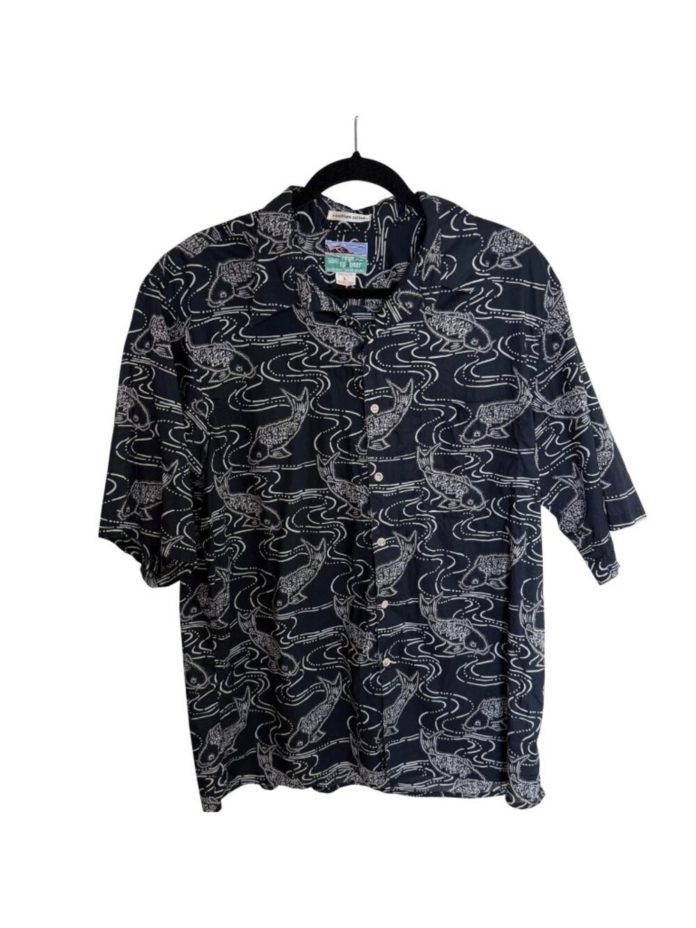 Vintage Reyn Spooner Men's Hawaiian Shirt Dark Blue w/ White Fish Print Sz L